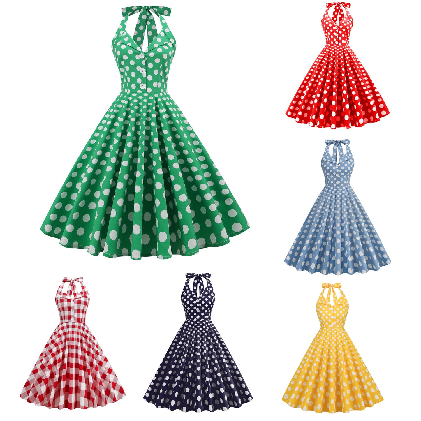 Women Vintage Halterneck Dress Retro Rockabilly 2023 Polka Dot Cocktail Party 1950s 40S Swing Dress Summer Dress Green Dress