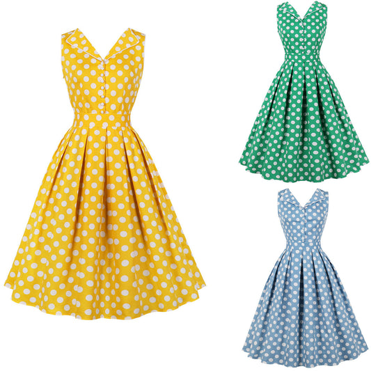 Women Vintage Yellow Dots Dress Rockabilly Cocktail Party 1950s 40s Swing Dress Summer Dress Sleeveless