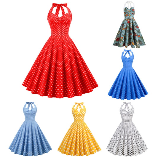 Women Vintage Halterneck Dress Retro Rockabilly Polka Dot Cocktail Party 1950s 40S Swing Dress Summer Dress Casual Dress