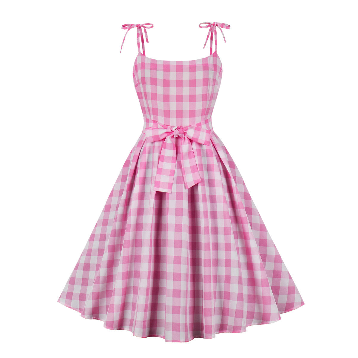 Women Vintage Barbiee Pink Plaid Gingham Dress Retro Rockabilly Strap Suspenders Cocktail Party 1950s 40s Swing Dress Summer Dress