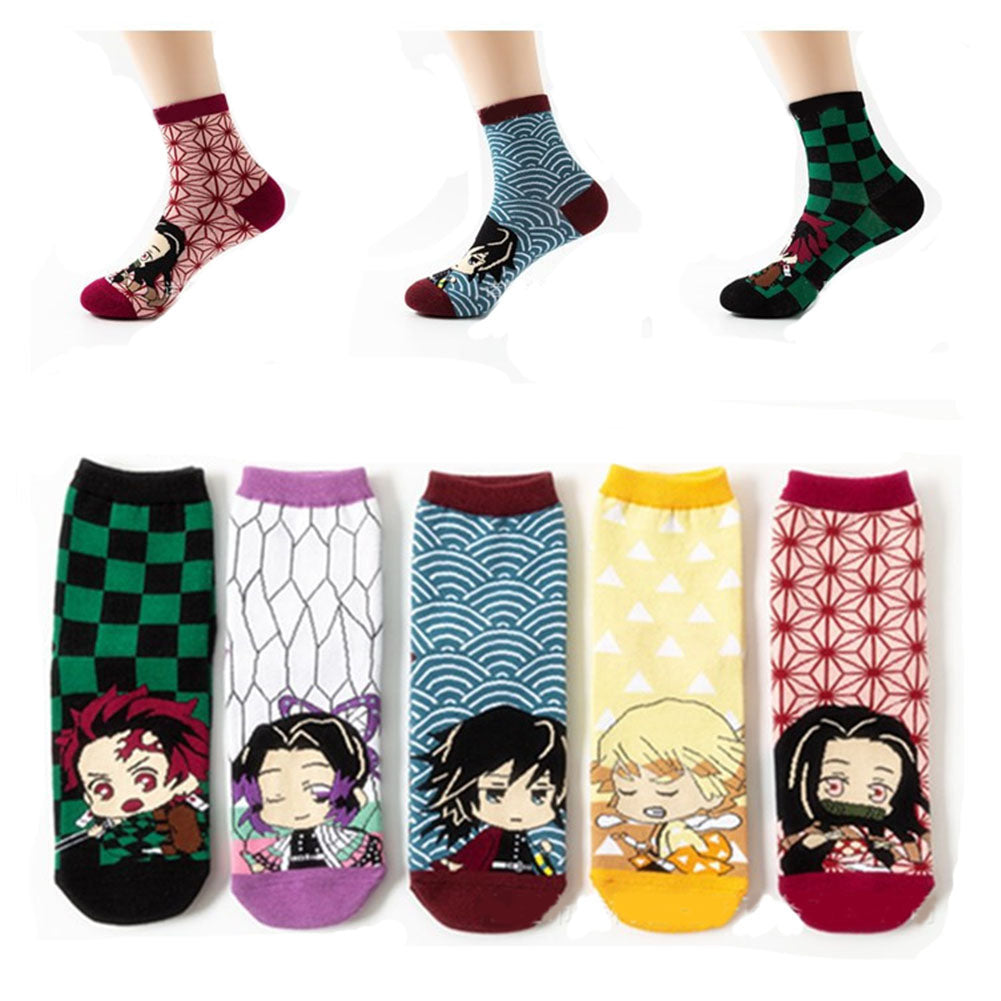 Anime Demon Slayer High Socks Casual Socks Winter Warm Cotton 5 Pairs Nezoku Tanjirou Shinobu Zenitsu