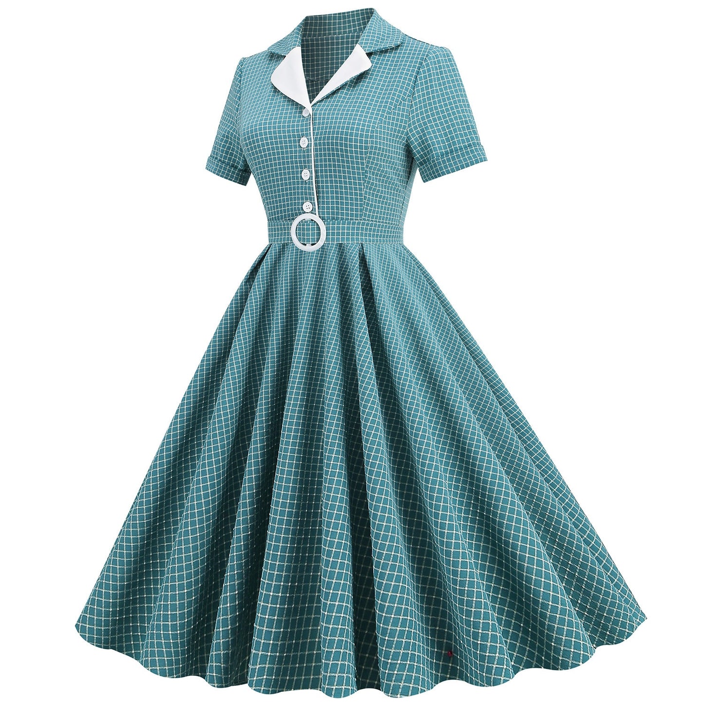 Women Vintage Pink Plaid Dress With Belt Rockabilly Cocktail Party 1950s 40s Swing Dress Casual Dress Short Sleeves