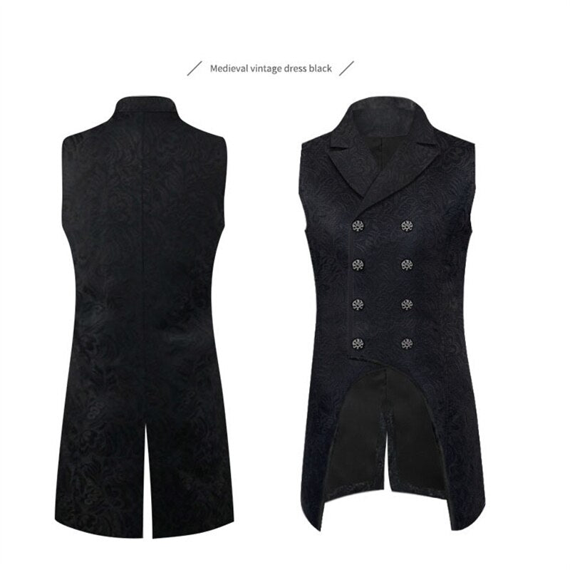 Mens Gothic Steampunk Tailcoat Double Breasted Jacquard Brocade Medieval Renaissance Vest Waistcoat Victorian Vintage Costume