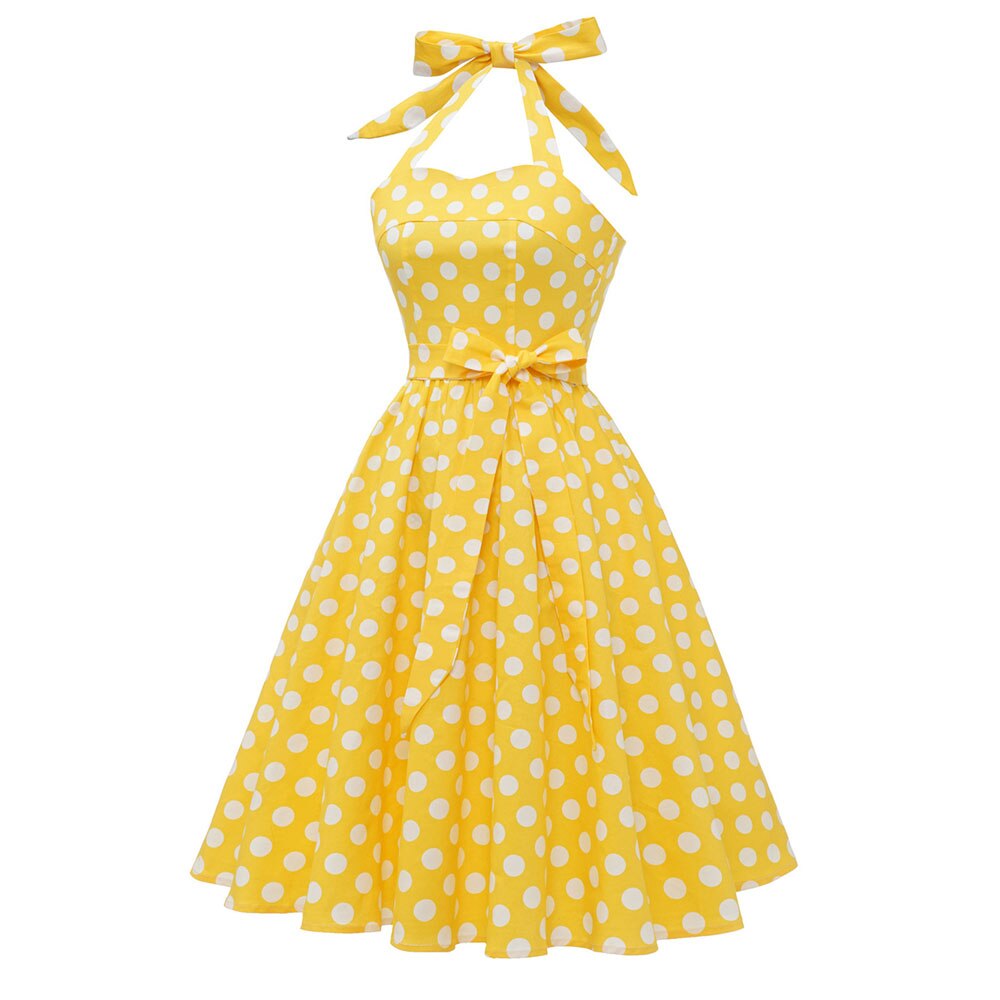 Women Vintage Halterneck Dress Retro Rockabilly Polka Dot Cocktail Party 1950s 40S Swing Dress Summer Dress Yellow Beach Dress