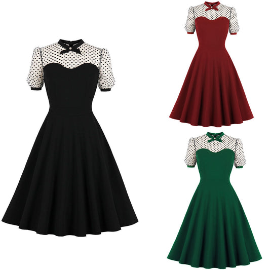 Women Vintage Mesh Dress Retro Rockabilly Round Collar Cocktail Party Lace 1950s 40s Swing Dress Summer Dress See through Black