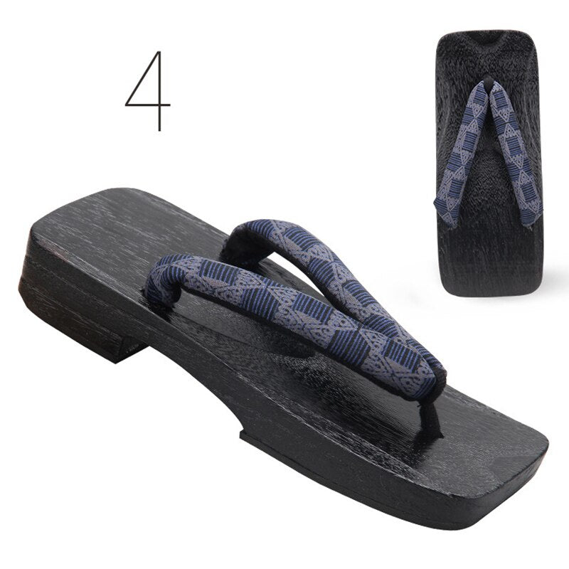 Men Japanese Geta Clogs Traditional Samurai Texture Print Yukata Wooden Flip Flops Toe Shoes Oriental Sandals Slippers