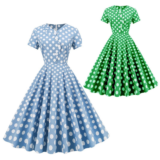 Women Vintage Polka Dots Dress Asymmetrical Rockabilly Cocktail Party 1950s 40s Swing Dress Summer Dress Short Sleeves