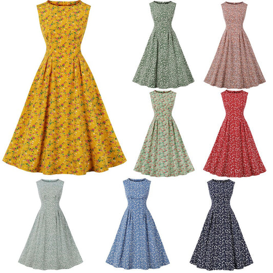 Women Vintage Floral Dress With Pockets Rockabilly Cocktail Party 1950s 40s Swing Dress Summer Dress Sleeveless