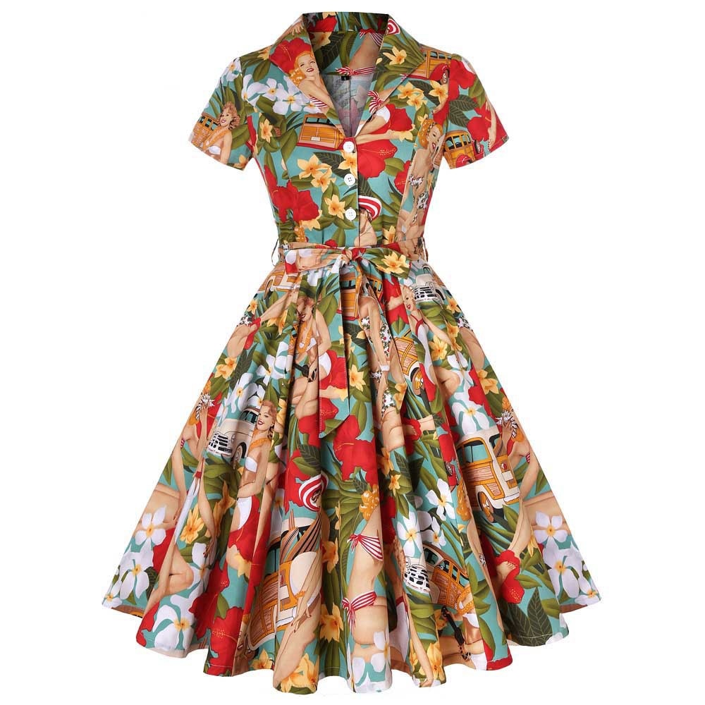 Women Vintage Flower Printing Dress Retro Rockabilly 2023 V-Neck Cocktail Party 1950s Swing Dress Summer Dress Short Sleeves