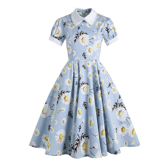 Women Vintage Dress Retro Rockabilly Daisy Flower Cocktail Party 1950s 40s Swing Dress Summer Dress Short Sleeves