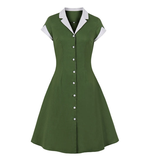 Women Vintage Solid Green Dress Rockabilly Cocktail Party 1950s 40s Swing Dress Summer Dress Short Sleeves