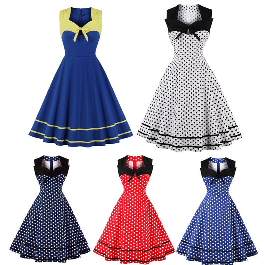 Women Vintage Polka Dots Dress Retro Rockabilly Cocktail Party Elegant Dress 1950s 40s Swing Dress Summer Dress Sleeveless