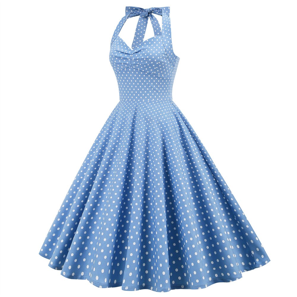 Women Vintage Halterneck Dress Retro Rockabilly Polka Dot Cocktail Party 1950s 40S Swing Dress Summer Dress Casual Dress