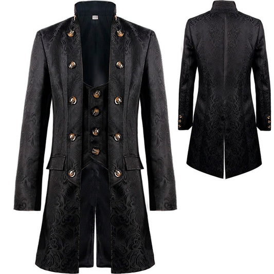 Men Gothic Steampunk Renaissance Jacket Victorian Frock Coat Double Breasted Jacquard Brocade Waistcoat Vintage Costume