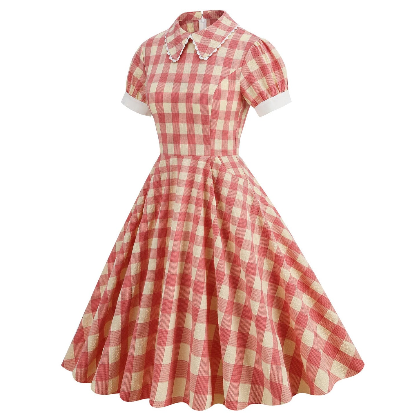 Women Vintage Pater Pan Collar Dress With Pockets Plaid Rockabilly Cocktail Party 1950s 40s Swing Dress Summer Dress