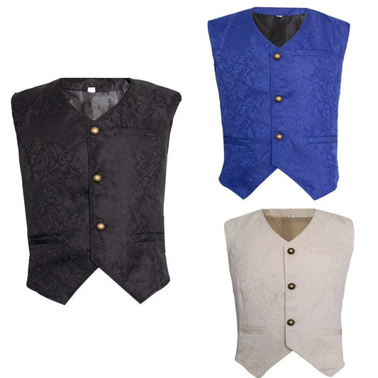 Men Gothic Steampunk Vest Jacquard Brocade Waistcoat Medieval Ranassance Tops Sleeveless Victorian Vintage Costume