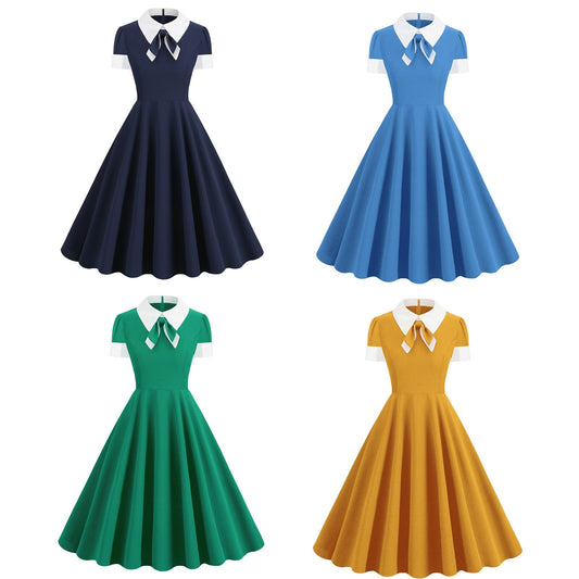 Women Vintage Bow Tie Dress Office lady Retro Rockabilly Elegant Cocktail Party 1950s 40s Swing Dress Summer Dress Short Sleeves