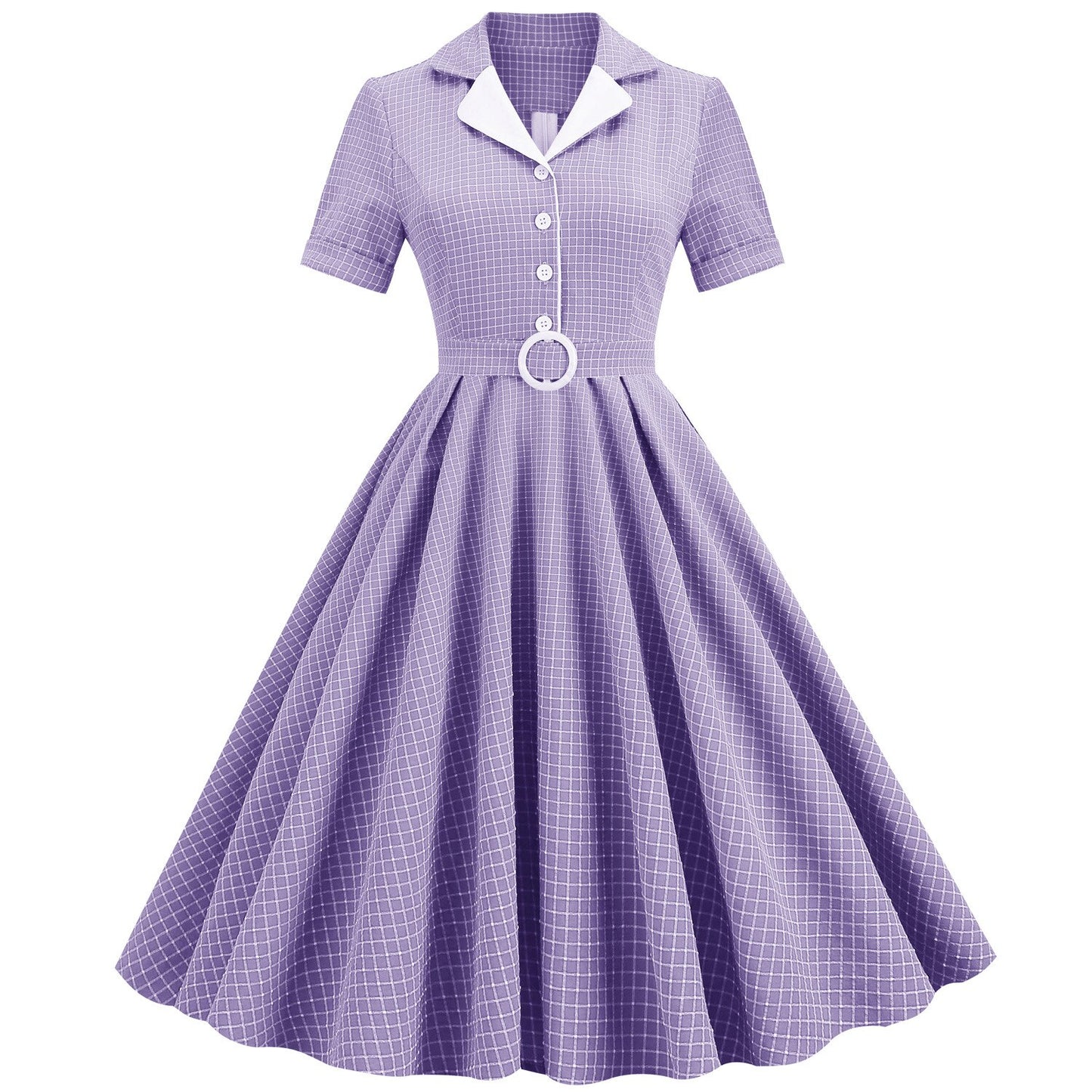 Women Vintage Pink Plaid Dress With Belt Rockabilly Cocktail Party 1950s 40s Swing Dress Casual Dress Short Sleeves