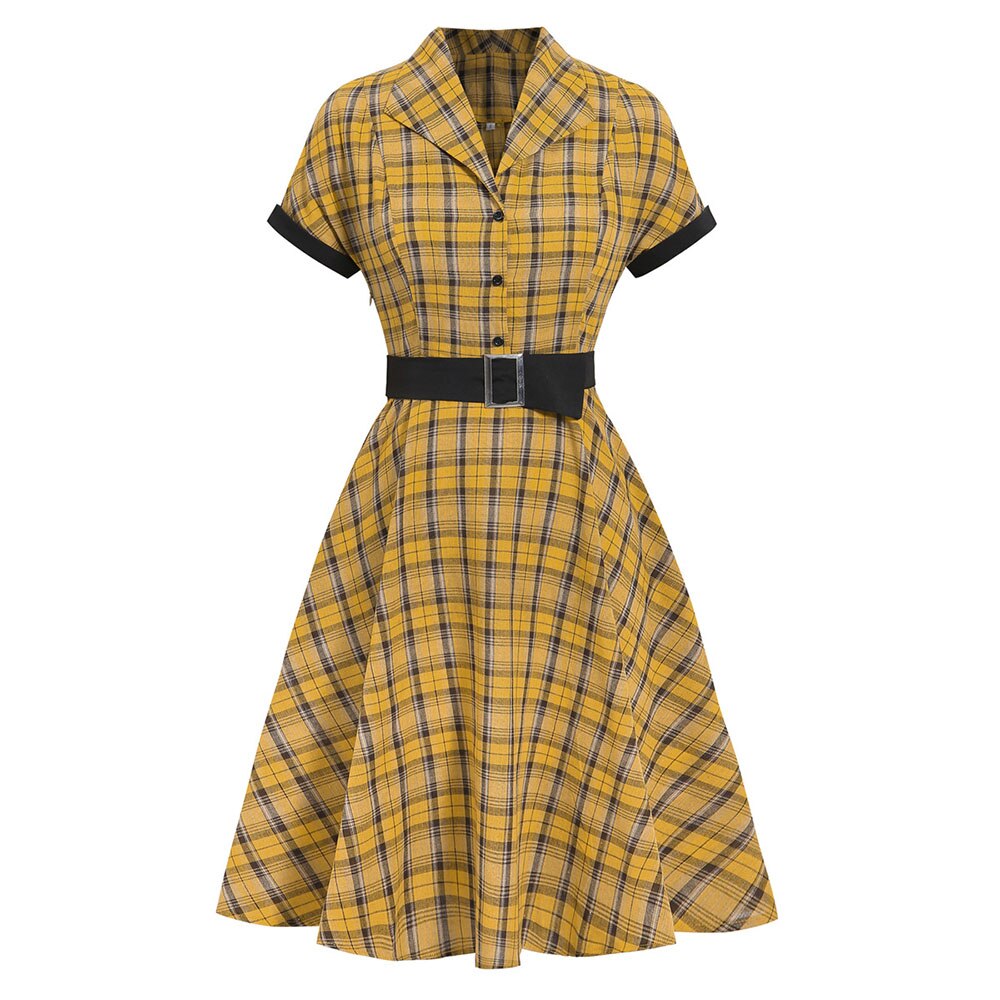 Women Vintage Plaid Dress Retro Rockabilly Cocktail Party 1950s 40s Swing Dress Summer Dress Casual Short Sleeves