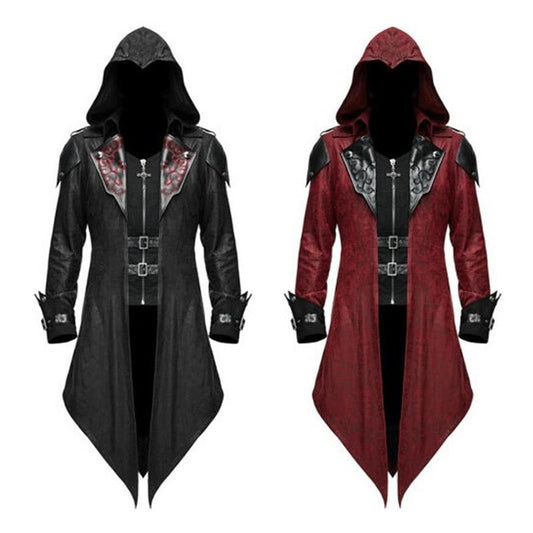 Men Steampunk Trench Coat Victorian Gothic Slim Suit Collar Medieval Solid Zipper Coat Halloween Vintage Costume