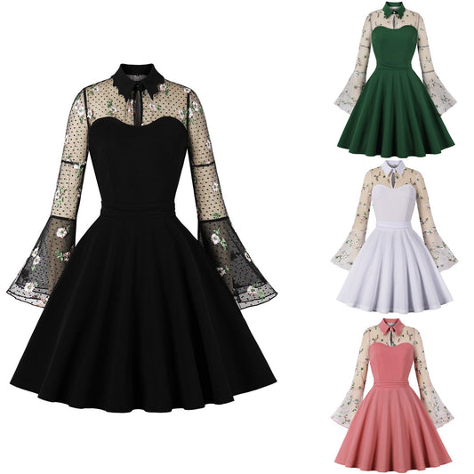 Gothic Black Floral Dress Women Vintage Mesh Cocktail Dresses Draped Skater Dress 2023 Medieval Dress Flare Sleeve Autumn