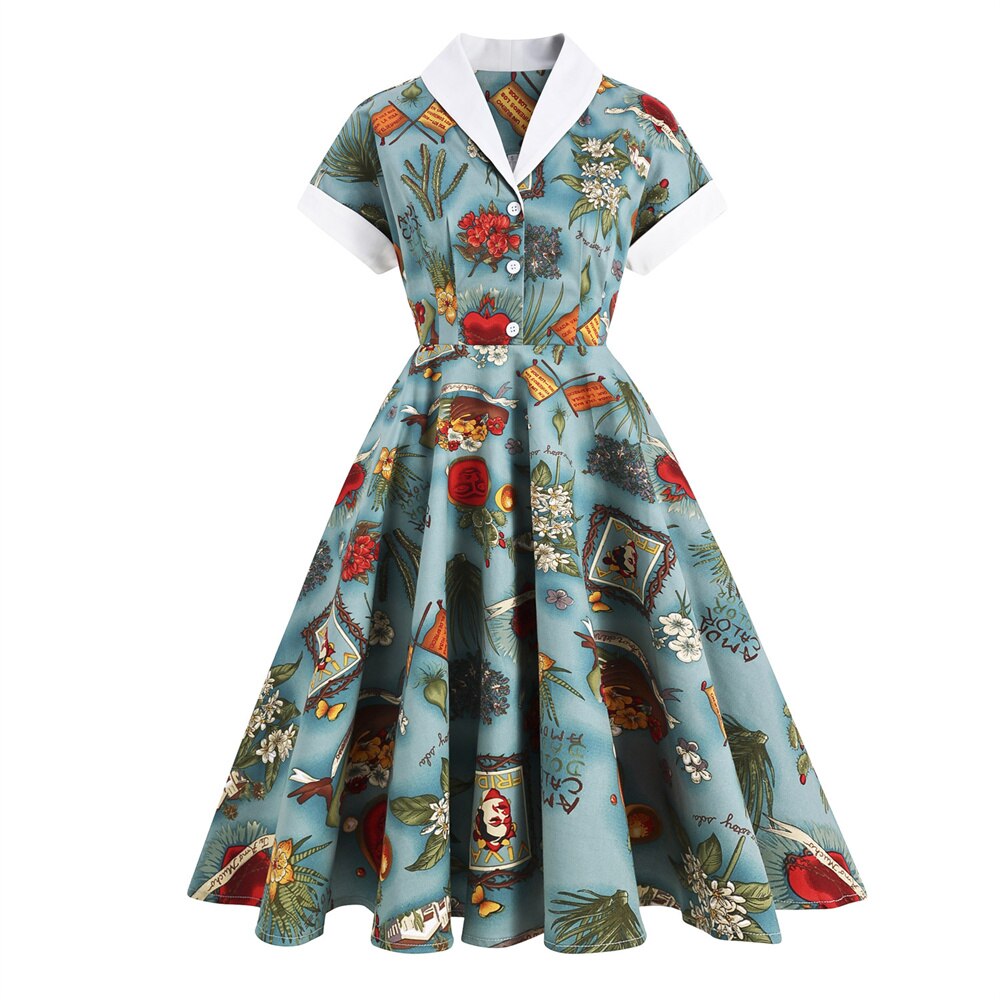 Women Vintage Pattern Printing Dress Retro Rockabilly 2023 V-Neck Cocktail Party 1950s Swing Dress Summer Dress Short Sleeves