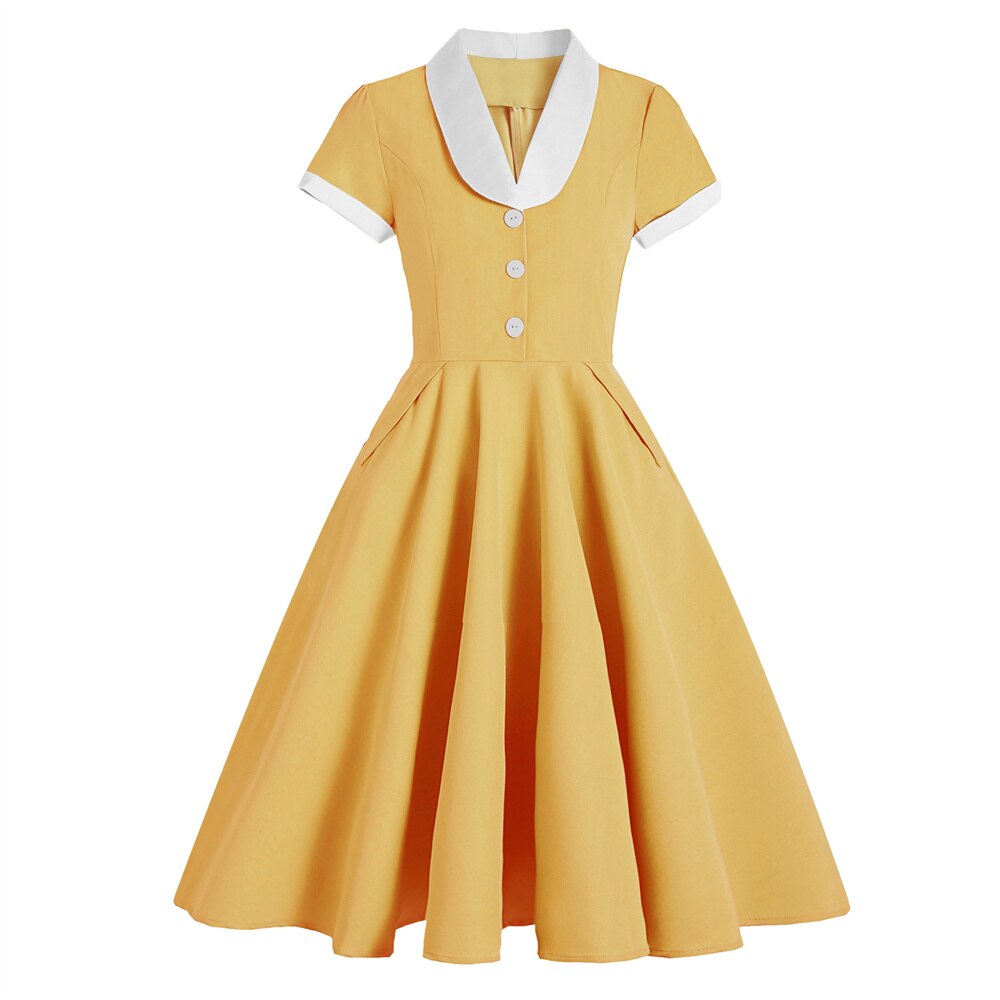 Women Vintage Elegant Dress With Pockets Retro Rockabilly Cocktail Party 1950s 40s Swing Dress Summer Solid Dress Short Sleeves