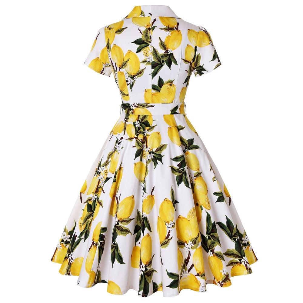 Women Vintage Flower Printing Dress Retro Rockabilly 2023 V-Neck Cocktail Party 1950s Swing Dress Summer Dress Short Sleeves