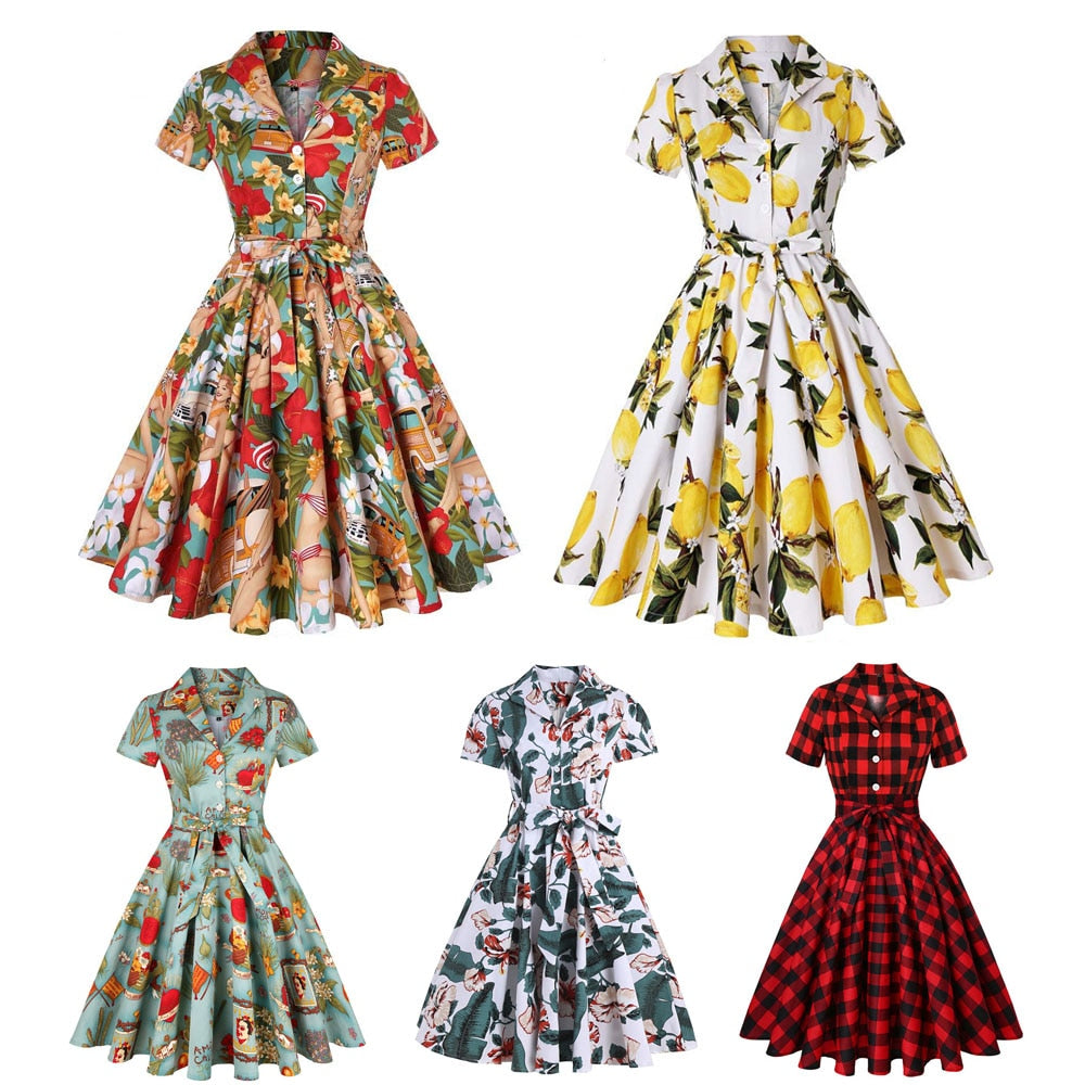 Women Vintage Flower Printing Dress Retro Rockabilly 2023 V-Neck Cocktail Party 1950s Swing Dress Summer Dress Short Sleeves