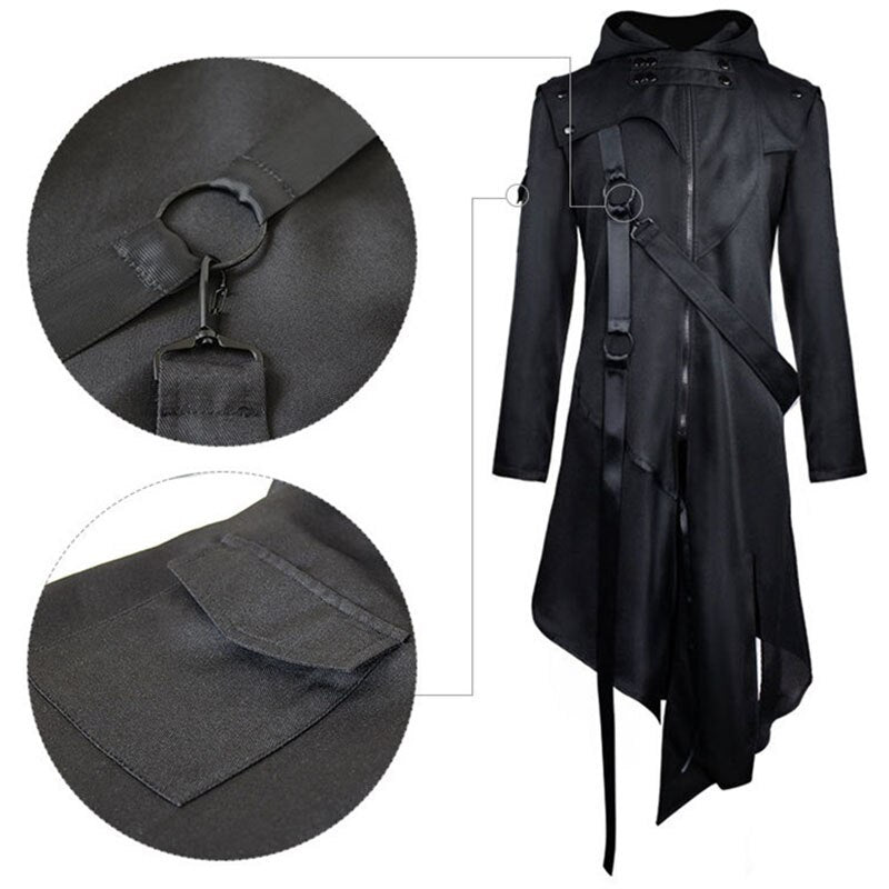 Men Gothic Steampunk Trench Coat Victorian Slim Suit Collar Solid Zipper Viking Coat Halloween Vintage Costume