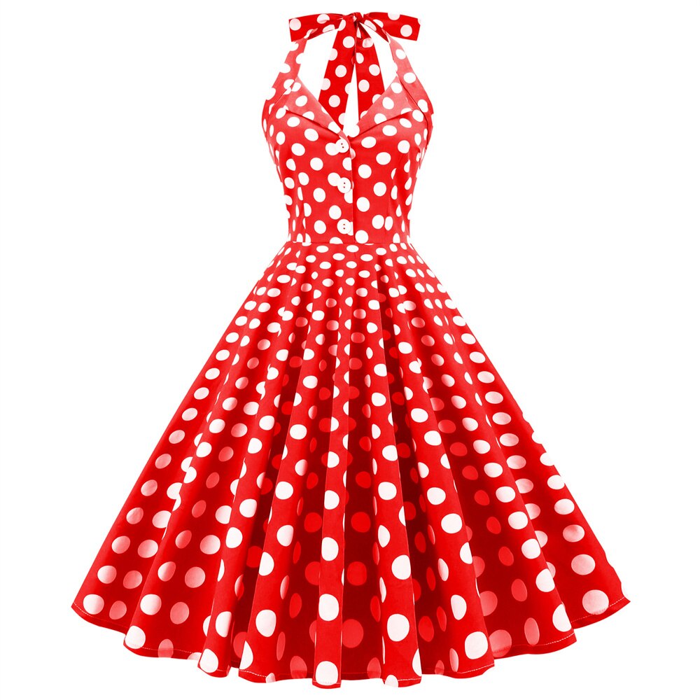 Women Vintage Halterneck Dress With Pockets Retro Rockabilly Plaid Dot Cocktail Party 1950s 40S Swing Dress Summer Dress Casual