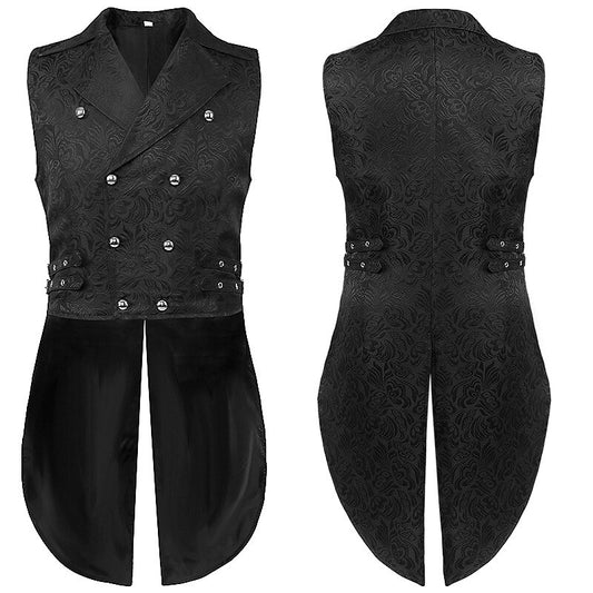 Mens Gothic Steampunk Tailcoat Double Breasted Jacquard Brocade Vest Waistcoat Sleeveless Victorian Vintage Costume