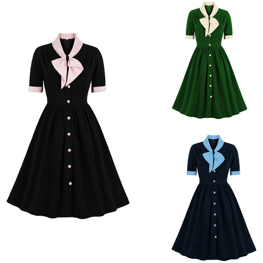 Women Vintage Bow Solid Dress Retro Rockabilly 2023 Elegant Cocktail Party 1950s 40s Swing Dress Summer Dress Short Sleeves