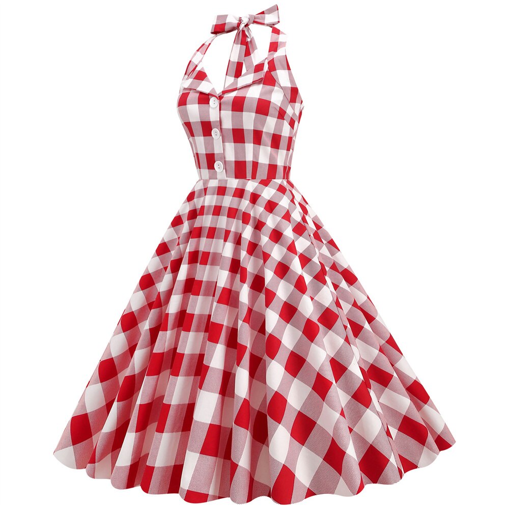 Women Vintage Halterneck Dress With Pockets Retro Rockabilly Plaid Dot Cocktail Party 1950s 40S Swing Dress Summer Dress Casual