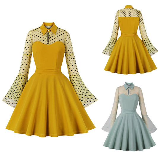 Women Vintage Dress Rockabilly Cocktail Party 1950s 40s Swing Dress Spring Autumn Dress Trumpet Sleeves See Through Polka