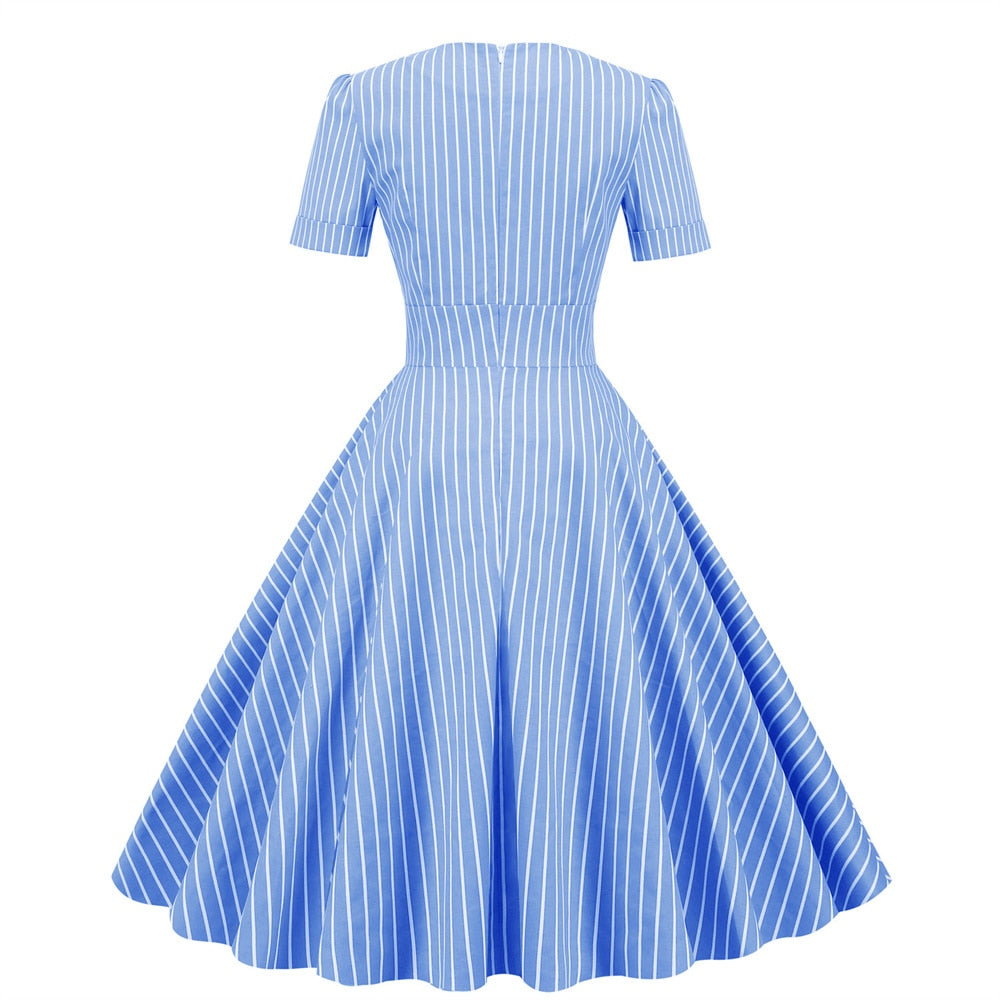 Women Vintage Striped Dress With Pockets Rockabilly Cocktail Party 1950s 40s Swing Dress Summer Dress Short Sleeves