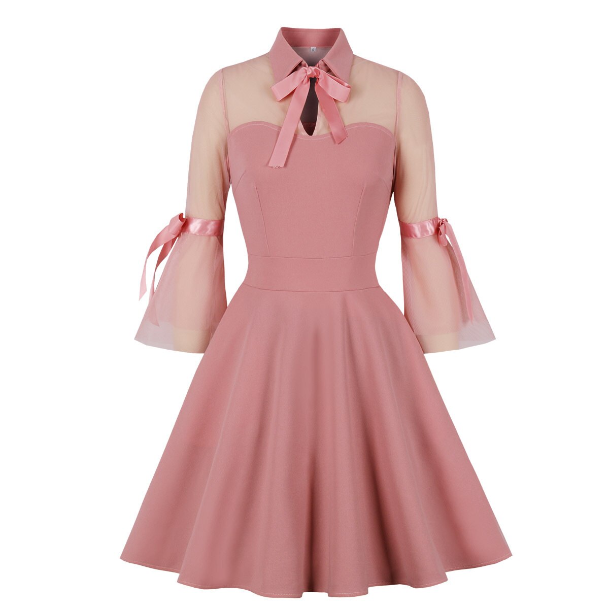 Women Vintage Pink Dress With Pockets Mesh Rockabilly Cocktail Party 1950s 40s Swing Dress 2023 Summer Dress Short Sleeves