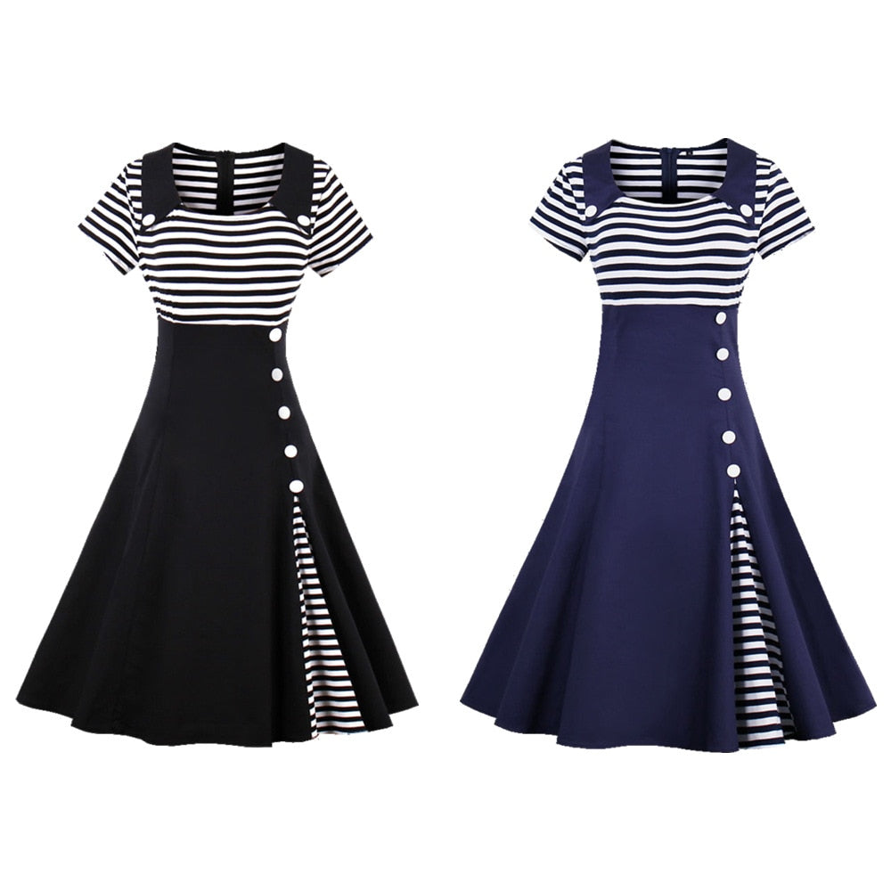 Women Vintage Striped Dress Retro Rockabilly 2023 Sailor Dress Cocktail Party 1950s 40s Swing Dress Summer Dress Short Sleeves