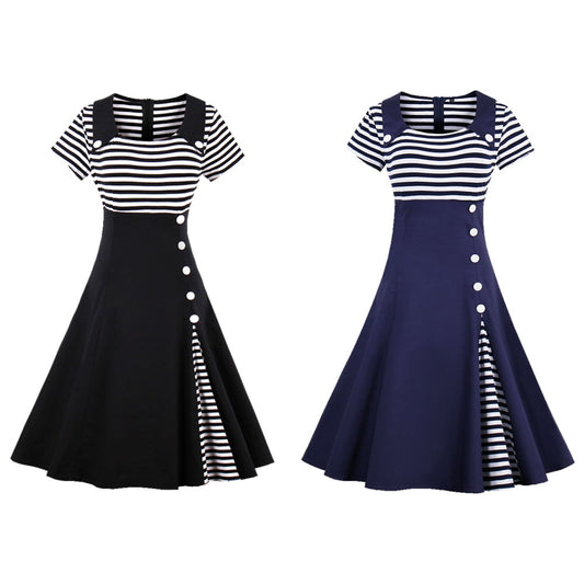 Women Vintage Striped Dress Retro Rockabilly 2023 Sailor Dress Cocktail Party 1950s 40s Swing Dress Summer Dress Short Sleeves