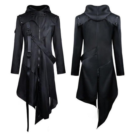 Men Gothic Steampunk Trench Coat Victorian Slim Suit Collar Solid Zipper Viking Coat Halloween Vintage Costume