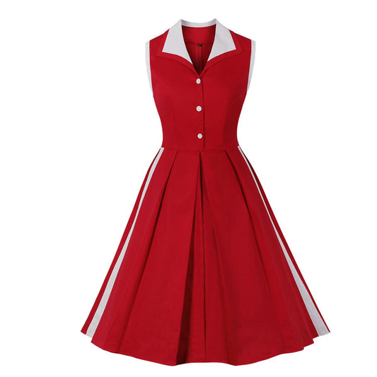 Women Vintage Red Dress Retro Rockabilly 2023 Cocktail Party Elegant Dress 1950s 40s Swing Dress Pleated Summer Dress Sleeveless