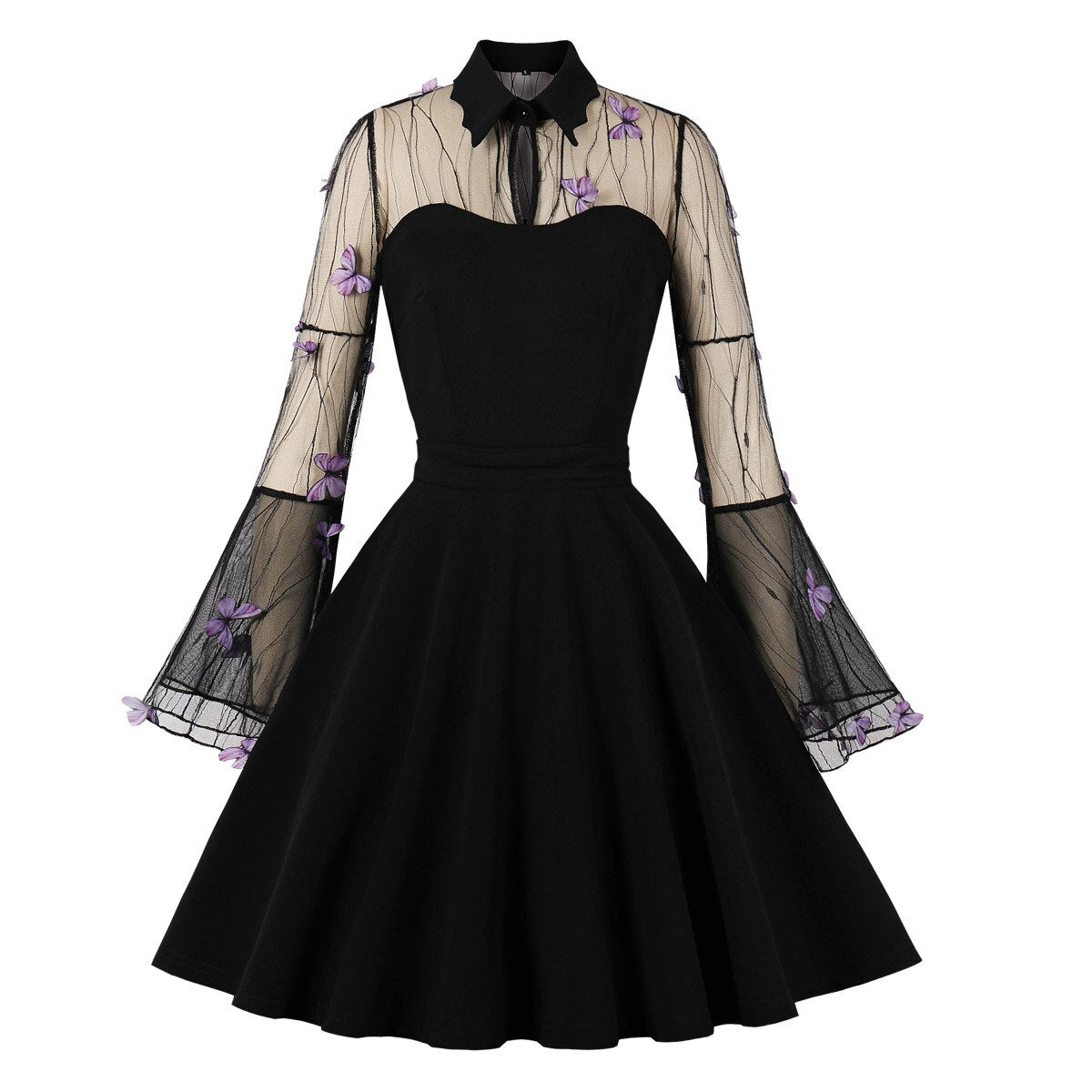 Gothic Black Butterfly Dress Women Vintage Mesh Cocktail Dresses Draped Skater Dress 2023 Medieval Dress Flare Sleeve