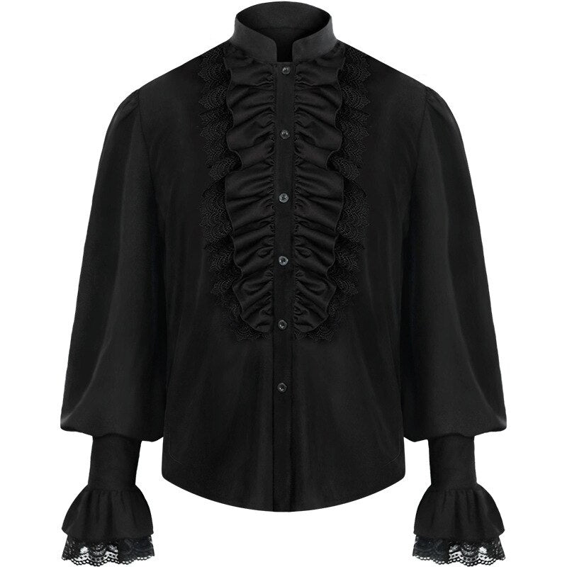 Men Medieval Renaissance Pirate Shirt Victorian Ruffles Steampunk Gothic Retro Lace Viking Halloween Costume Vintage Shirt Black