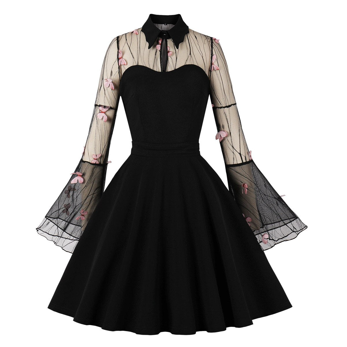 Gothic Black Butterfly Dress Women Vintage Mesh Cocktail Dresses Draped Skater Dress 2023 Medieval Dress Flare Sleeve