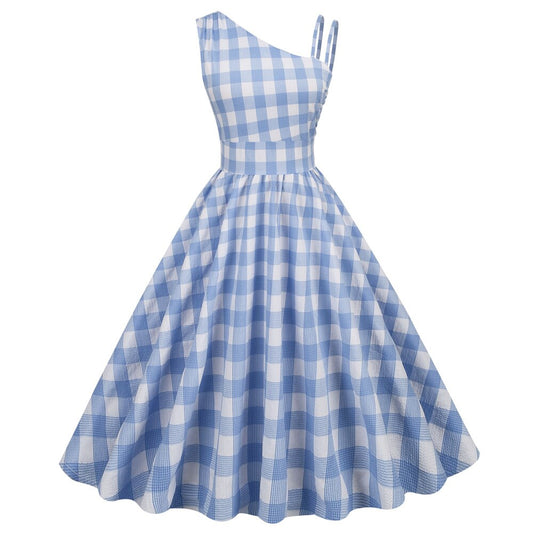 Women Vintage Strap Plaid Dress Retro Rockabilly 2023 Cocktail Party 1950s Swing Dress Summer Dress Beach Light Blue Dress