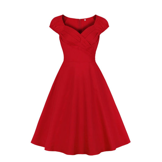 Women Vintage Solid Dress Retro Rockabilly Sweetheart Neck Cocktail Party 1950s 40s Swing Dress Summer Dress Short Sleeves