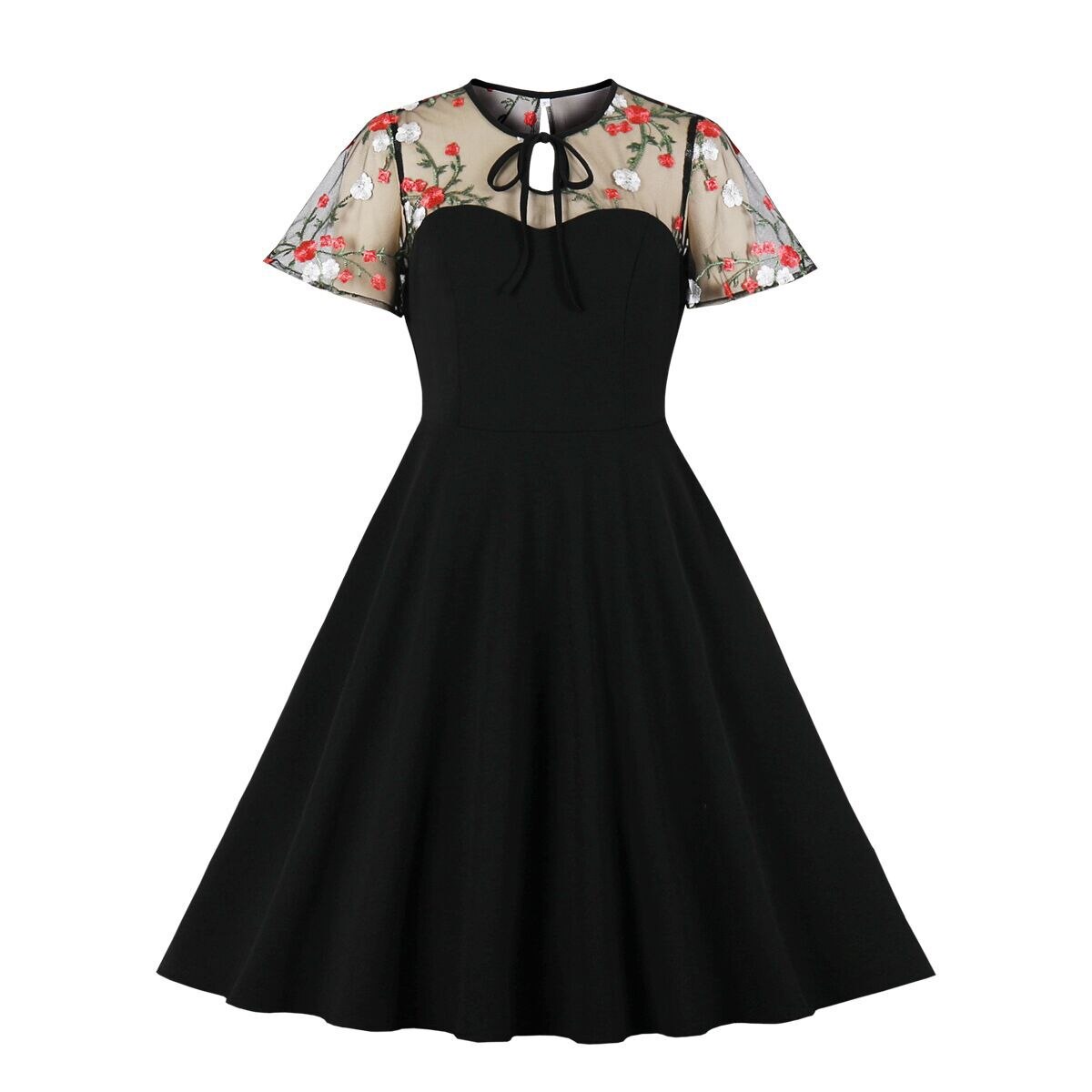 Women Vintage Mesh Embroidery Dress 2023 Retro Rockabilly Cocktail Party Lace 1950s Swing Dress Summer Dress See through Black