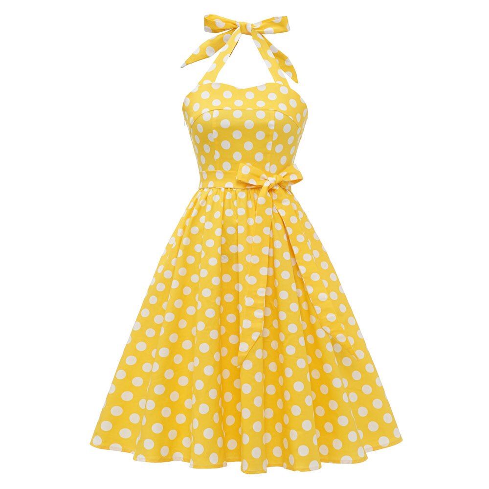 Women Vintage Halterneck Dress Retro Rockabilly Polka Dot Cocktail Party 1950s 40S Swing Dress Summer Dress Yellow Beach Dress