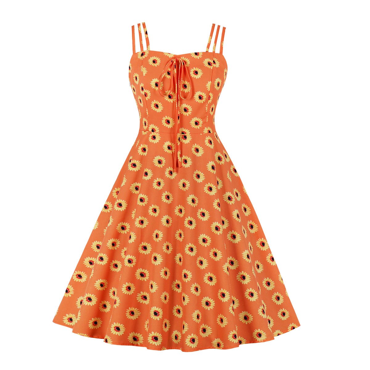 Women Vintage Sun Flower Dress Retro Rockabilly Strap Suspenders Cocktail Party 1950s 40s Swing Dress Summer Dress Sleeveless