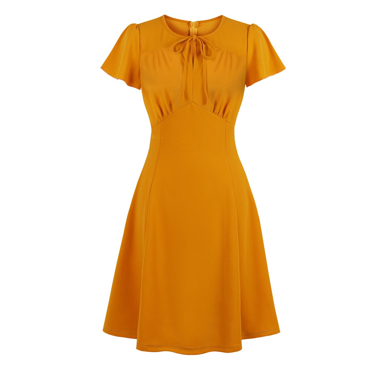 Women Vintage Solid Orange Dress Rockabilly Cocktail Party 1950s 40s Swing Dress Spring Autumn Dress Short Sleeves